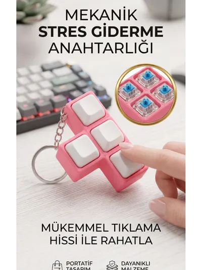 Mekanik Switch Tıklama Hissi Stres Giderici Fidget Oyuncak T-Tipi Anahtarlık Pembe