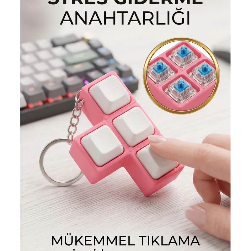 Mekanik Switch Tıklama Hissi Stres Giderici Fidget Oyuncak T-Tipi Anahtarlık Pembe